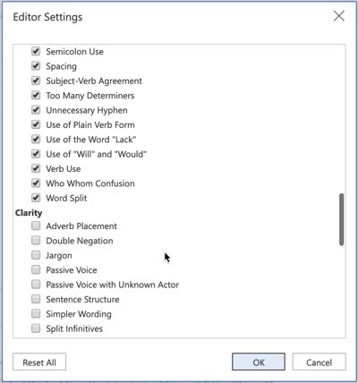 Microsoft Editor settings
