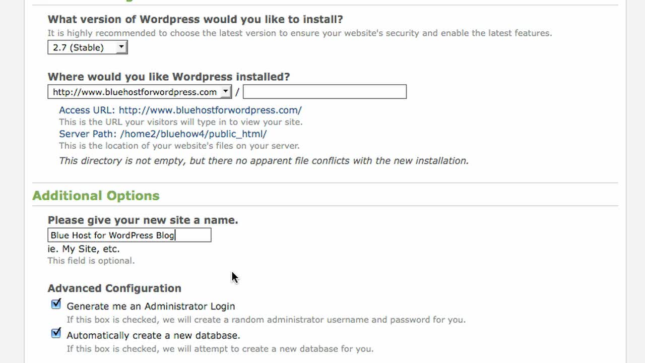 1-Click Self Installation of WordPress with Bluehost